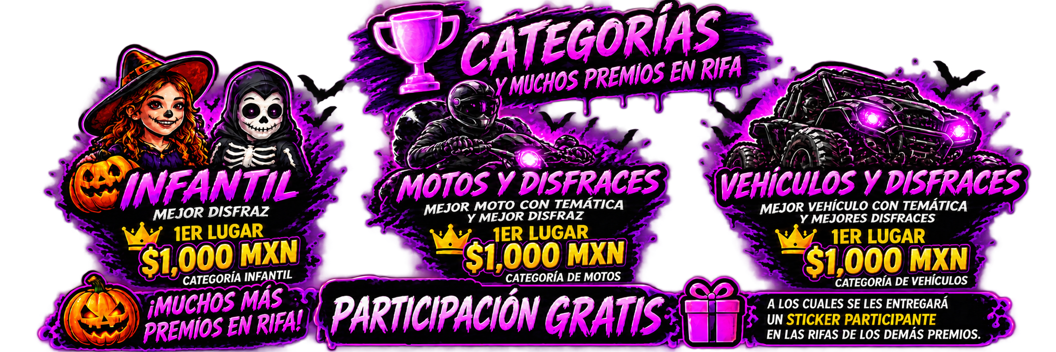 Categorías: infantil, motos y disfraces, vehículos y disfraces. Premios y rifas. Participación gratis.