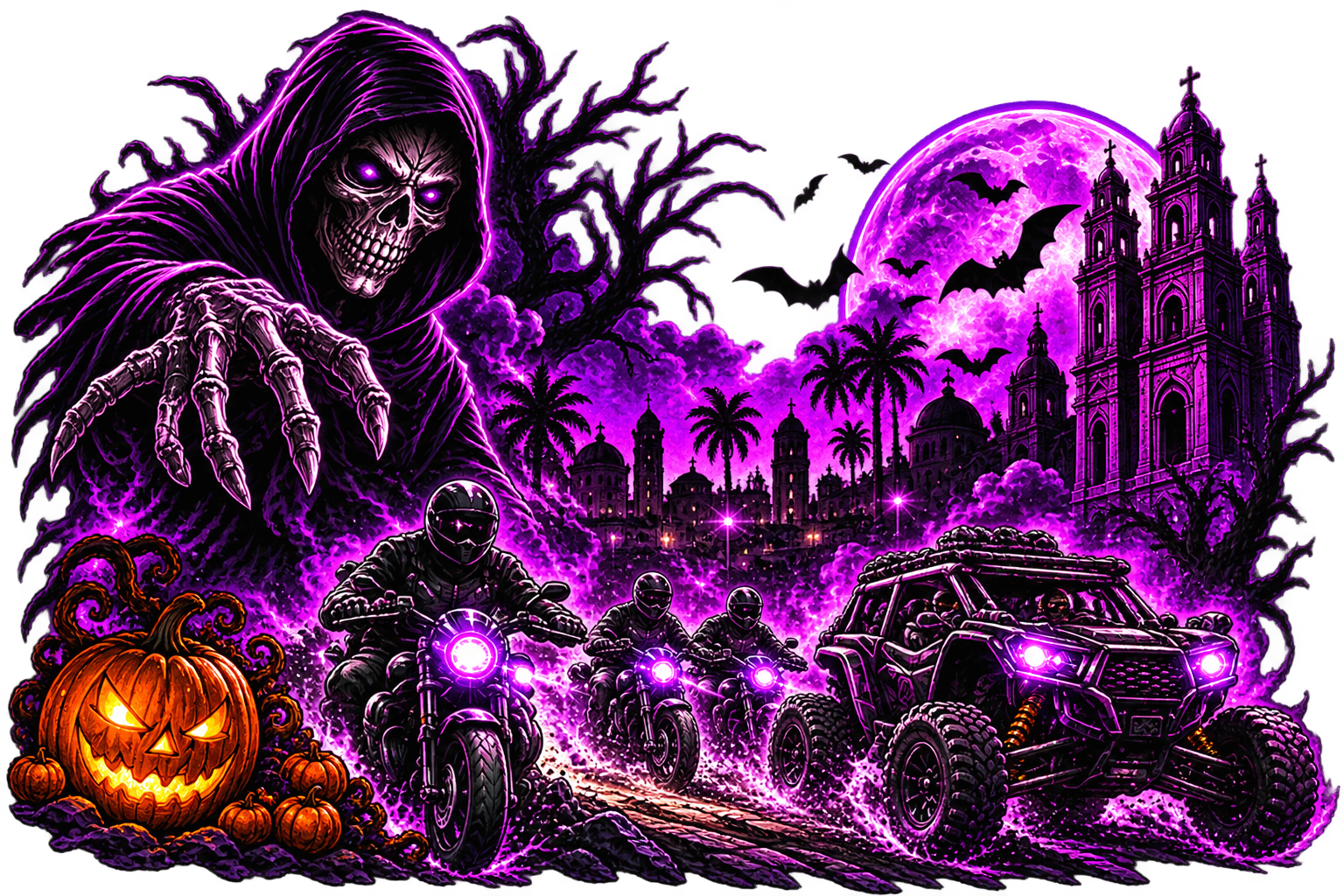 Escena de Halloween morada con calavera, motociclistas, vehículo todoterreno y calabazas